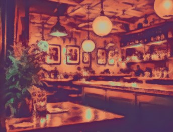 ペンダントライトが灯る夜の店内